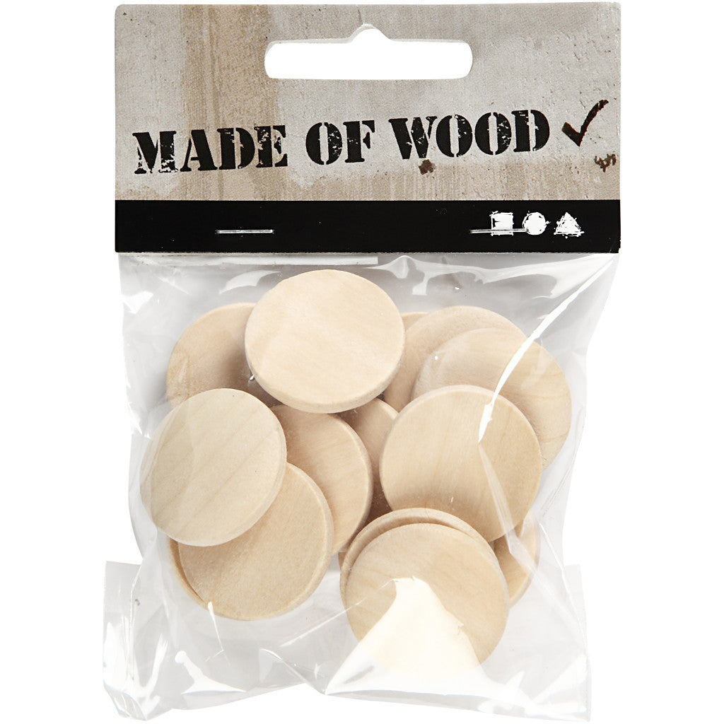 Wooden buttons, dia. 25 mm, thickness 5 mm, 15 pc/ 1 pack [HOB-56651]
