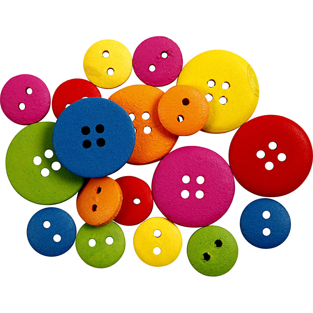Wooden Buttons, dia. 12-20 mm, 2-4 holes, assorted colours, 360 pc/ 1 pack [HOB-56684]
