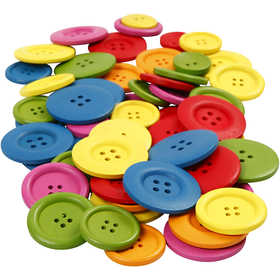 Wooden Buttons, dia. 25-40 mm, 2-4 holes, assorted colours, 144 pc/ 1 pack [HOB-56689]