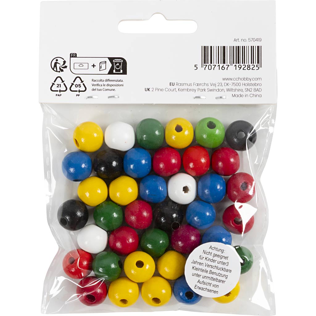 Wooden Beads Mix, dia. 12 mm, hole size 3 mm, ca. 40 asstd., assorted colours, 22 g