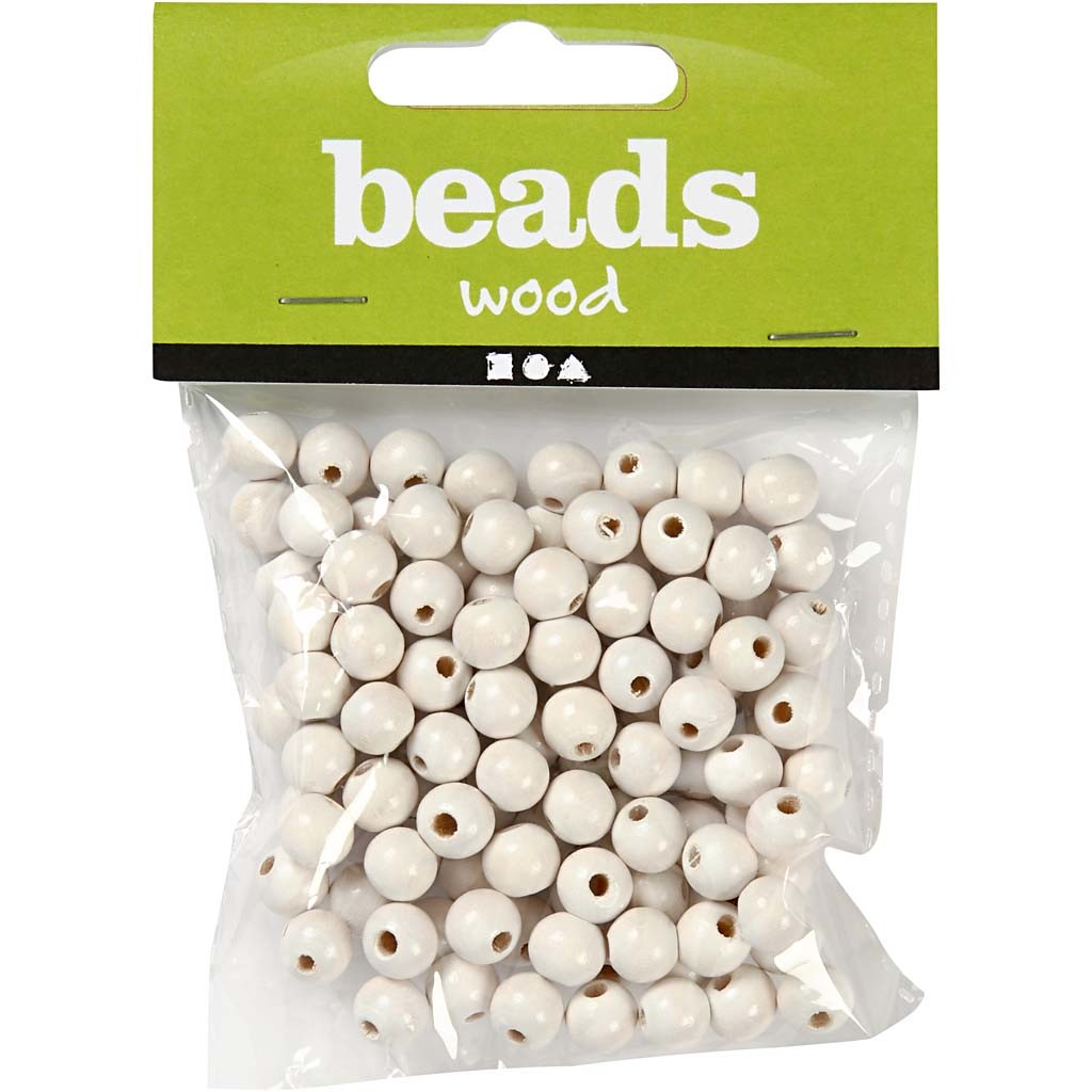 Wooden Beads, dia. 8 mm, hole size 2 mm, ca. 80 pc, white, 15 g/ 1 pack [HOB-570492]