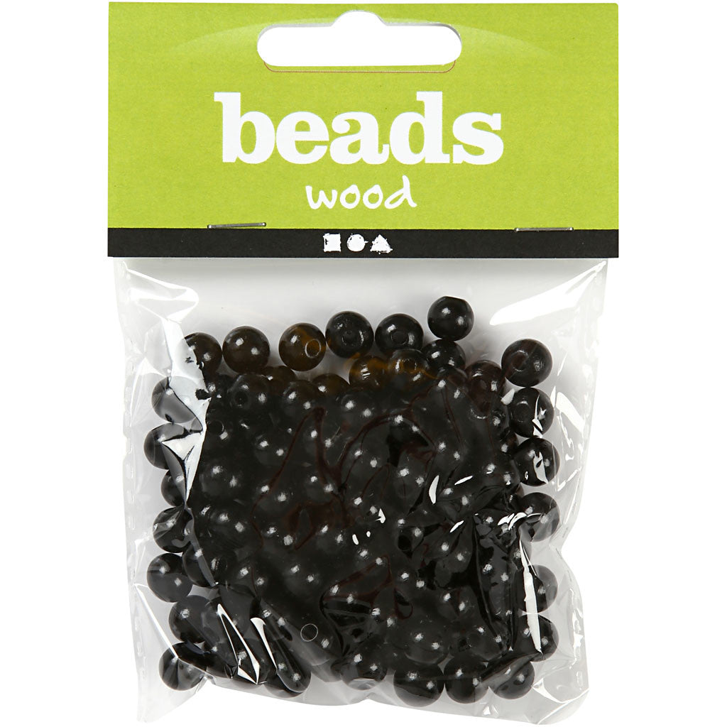 Wooden Beads, dia. 8 mm, hole size 2 mm, ca. 80 pc, black, 15 g/ 1 pack [HOB-570495]