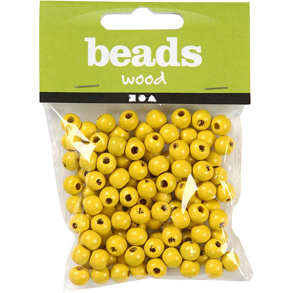 Wooden Beads, dia. 10 mm, hole size 3 mm, ca. 70 pc, yellow, 20 g/ 1 pack [HOB-570593]