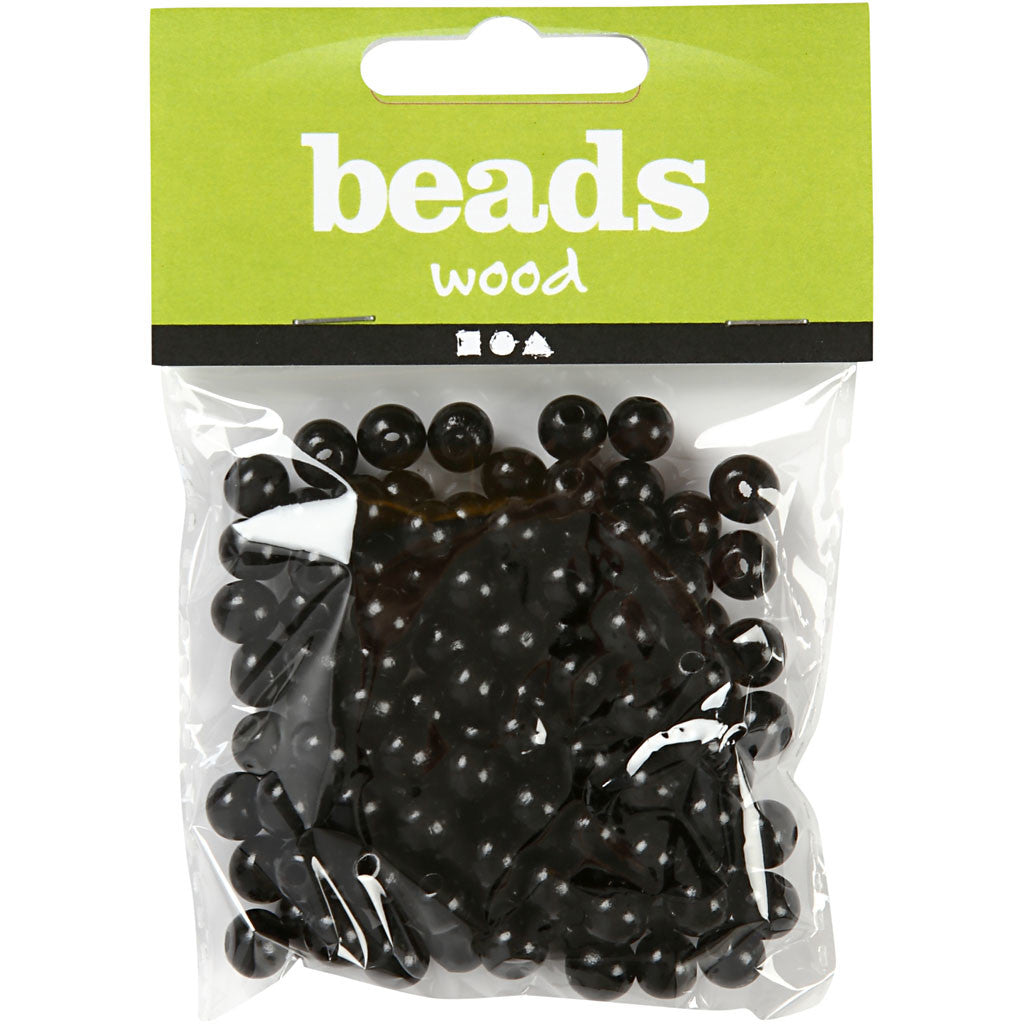 Wooden Beads, dia. 10 mm, hole size 3 mm, ca. 70 pc, black, 20 g/ 1 pack [HOB-570595]