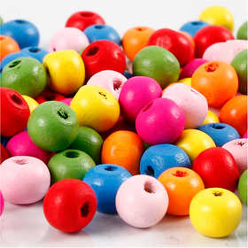 Wooden Beads, dia. 8 mm, hole size 1,5-2 mm, ca. 90 asstd., assorted colours, 16 g/ 1 pack [HOB-571060]