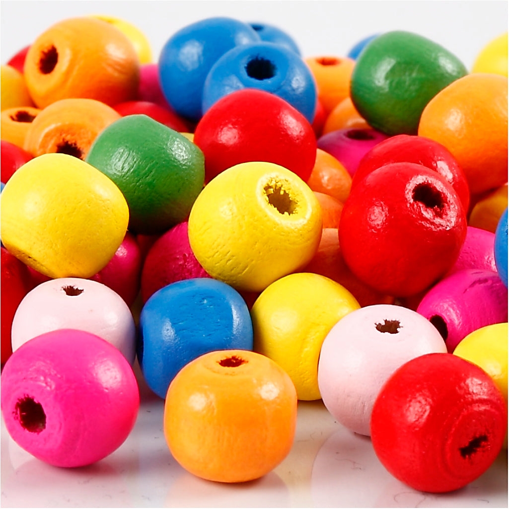 Wooden Beads, dia. 10 mm, hole size 2,5-3 mm, ca. 70 asstd., assorted colours, 22 g