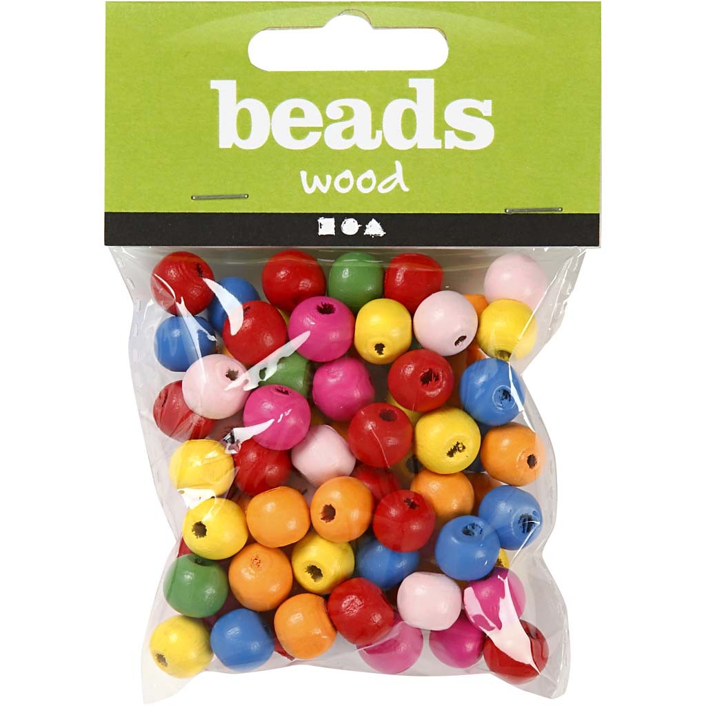 Wooden Beads, dia. 10 mm, hole size 2,5-3 mm, ca. 70 asstd., assorted colours, 22 g/ 1 pack [HOB-571231]