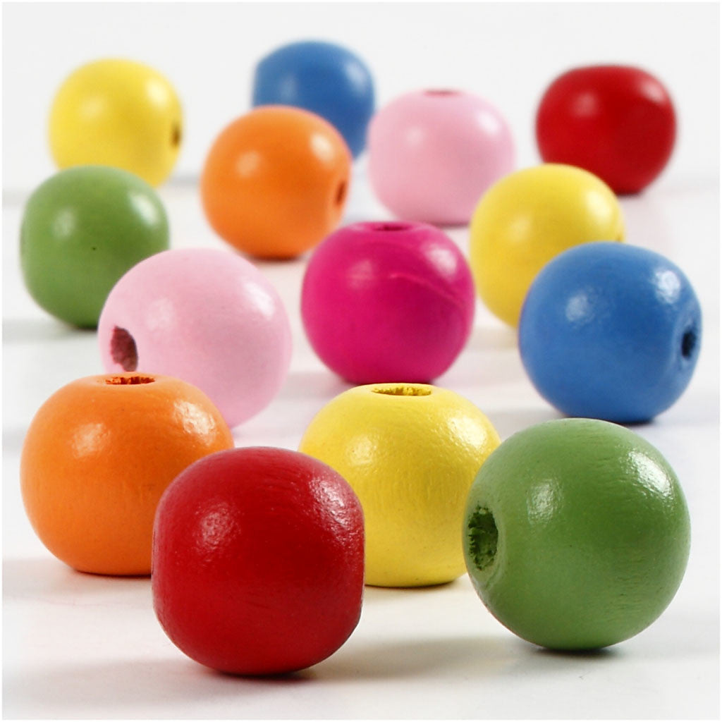 Wooden Beads, dia. 12 mm, hole size 2,5-3 mm, ca. 800 pc, assorted colours, 500 g/ 1 bag [HOB-57124]