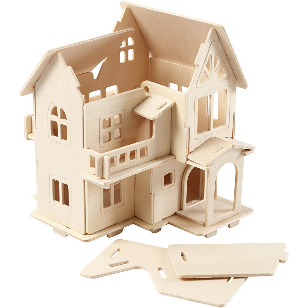 3D Wooden Construction Kit, House with balcony, size 15,8x17,5x19,5, 1 pc [HOB-57877]