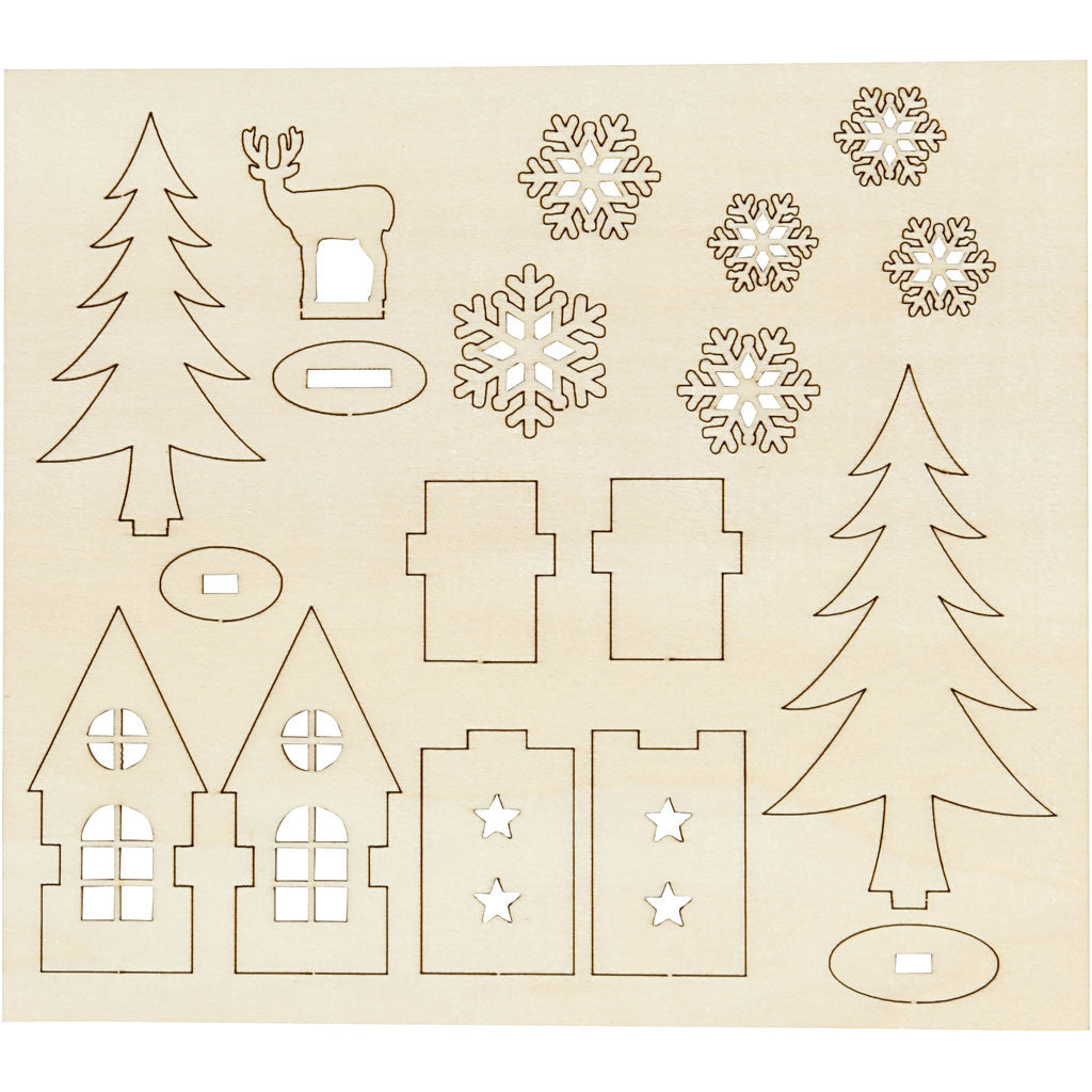 Self-Assembly Figures, house, tree, roe deer, L: 15,5 cm, W: 17 cm, thickness 3 mm, 1 pack [HOB-57888]