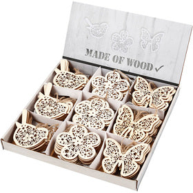 Wooden Ornament, butterfly, flower and bird, H: 10 cm, W: 10 cm, 90 pc/ 1 pack [HOB-57971]