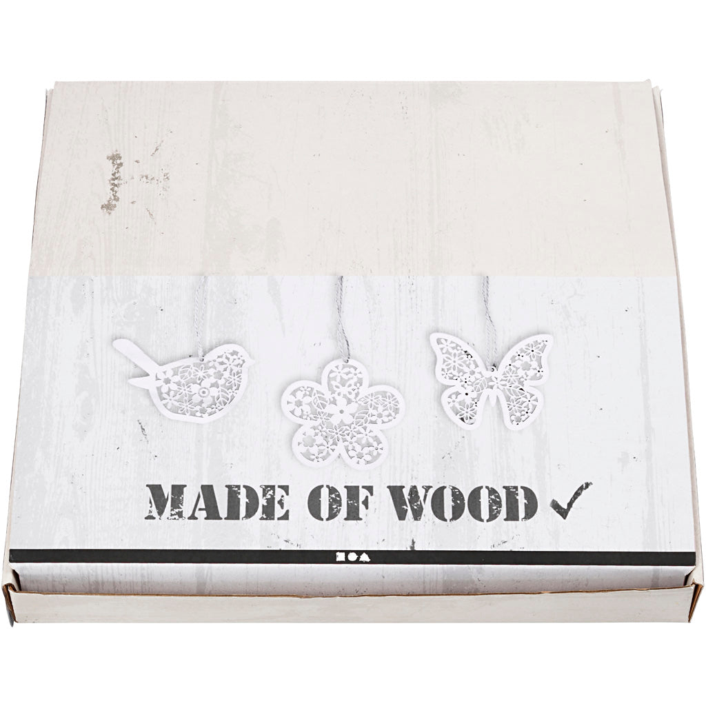 Wooden Ornament, butterfly, flower and bird, H: 10 cm, W: 10 cm, 90 pc/ 1 pack [HOB-57971]