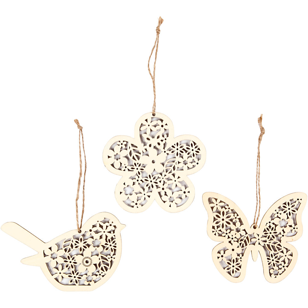 Wooden Ornament, butterfly, flower and bird, H: 10 cm, W: 10 cm, 90 pc/ 1 pack [HOB-57971]