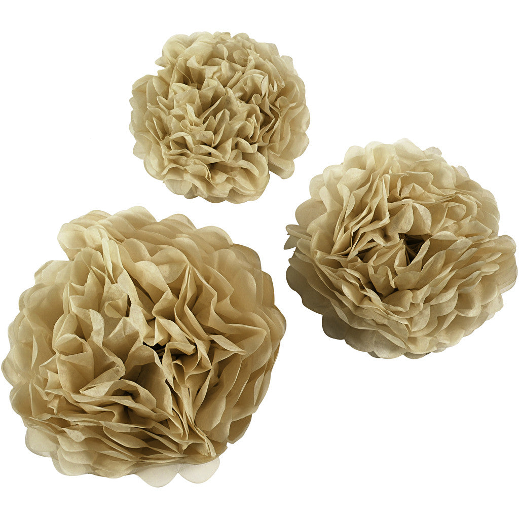 Tissue Pompons, dia. 20+24+30 cm, 16 g, gold, 3 pc/ 1 pack [HOB-590029]