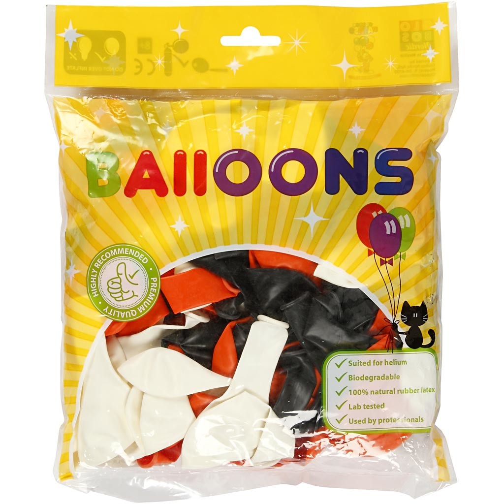 Balloons, Round, dia. 23-26 cm, black, orange, white, 100 pc/ 1 pack [HOB-59147]