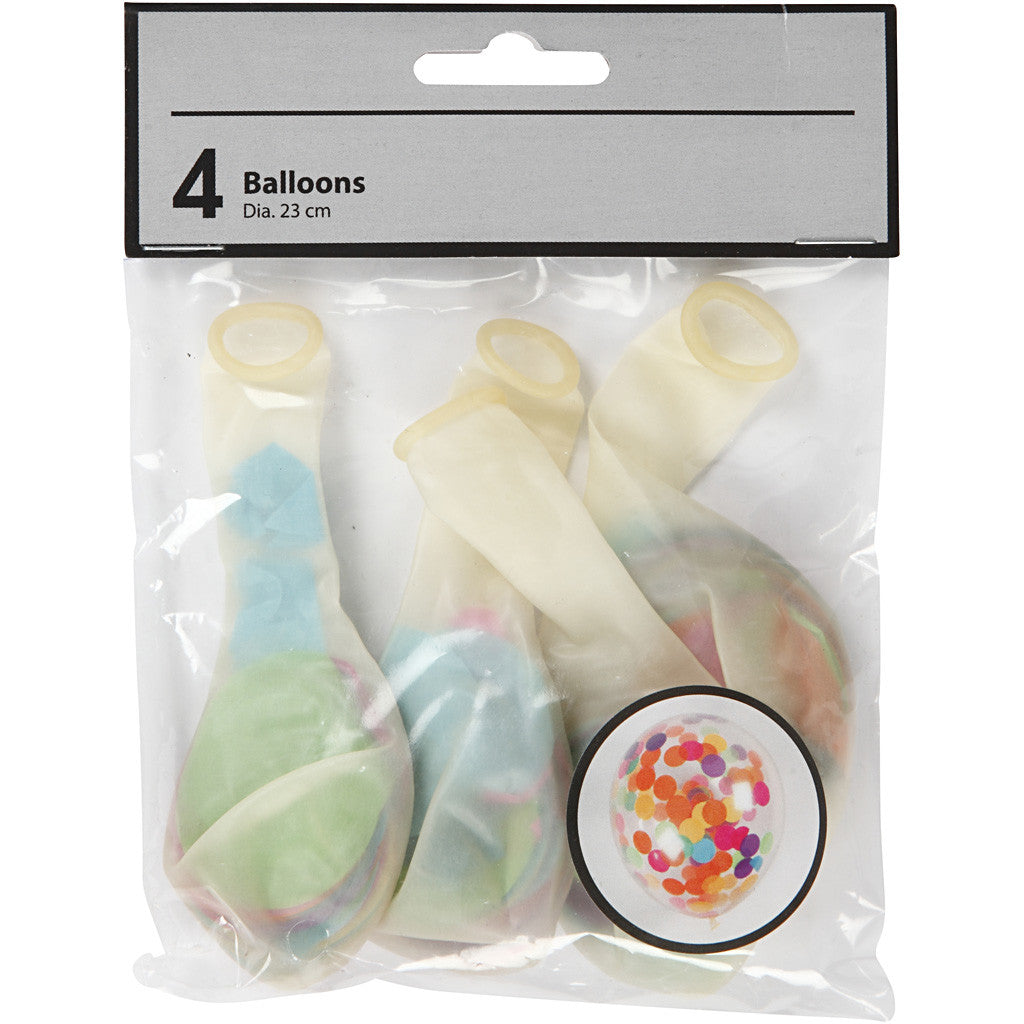Balloons with Confetti, round, dia. 23 cm, transparent, 4 pc/ 1 pack [HOB-59174]