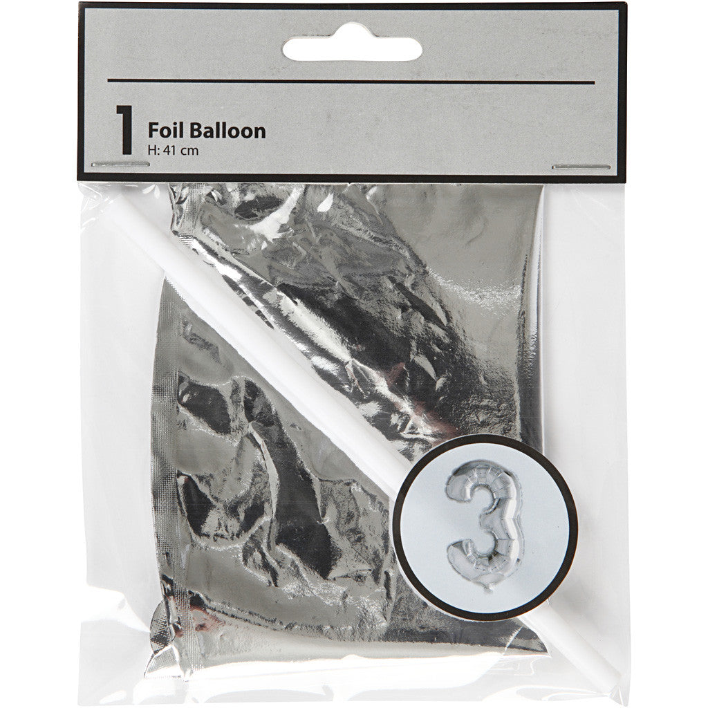 Foil Balloon, 3, H: 41 cm, silver, 1 pc [HOB-59187]