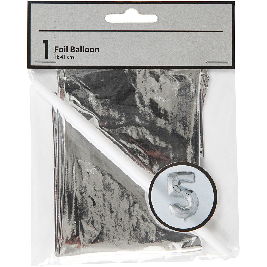 Foil Balloon, 5, H: 41 cm, silver, 1 pc [HOB-59189]
