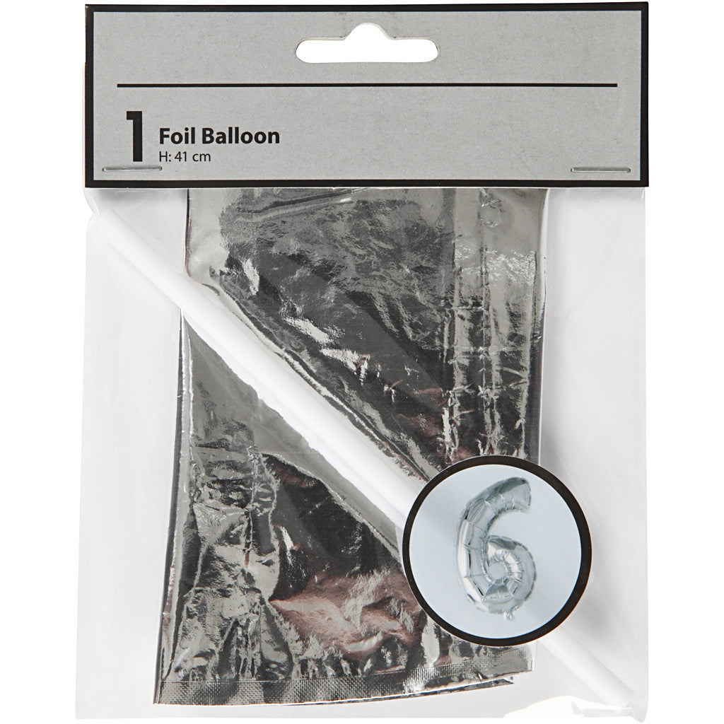 Foil Balloon, 6, H: 41 cm, silver, 1 pc [HOB-59190]