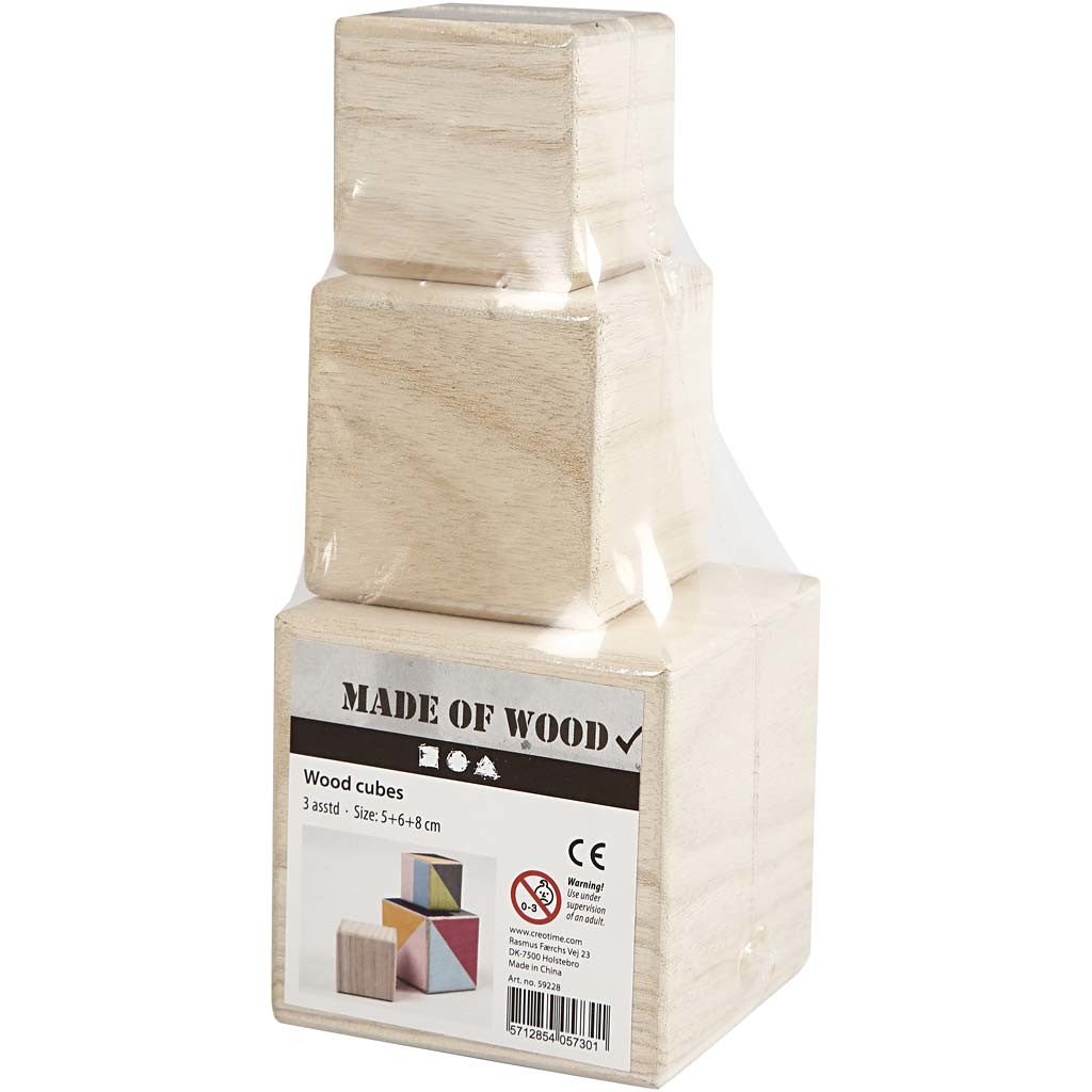 Wood cubes, size 5+6+8 cm, 3 pc/ 1 pack [HOB-59228]