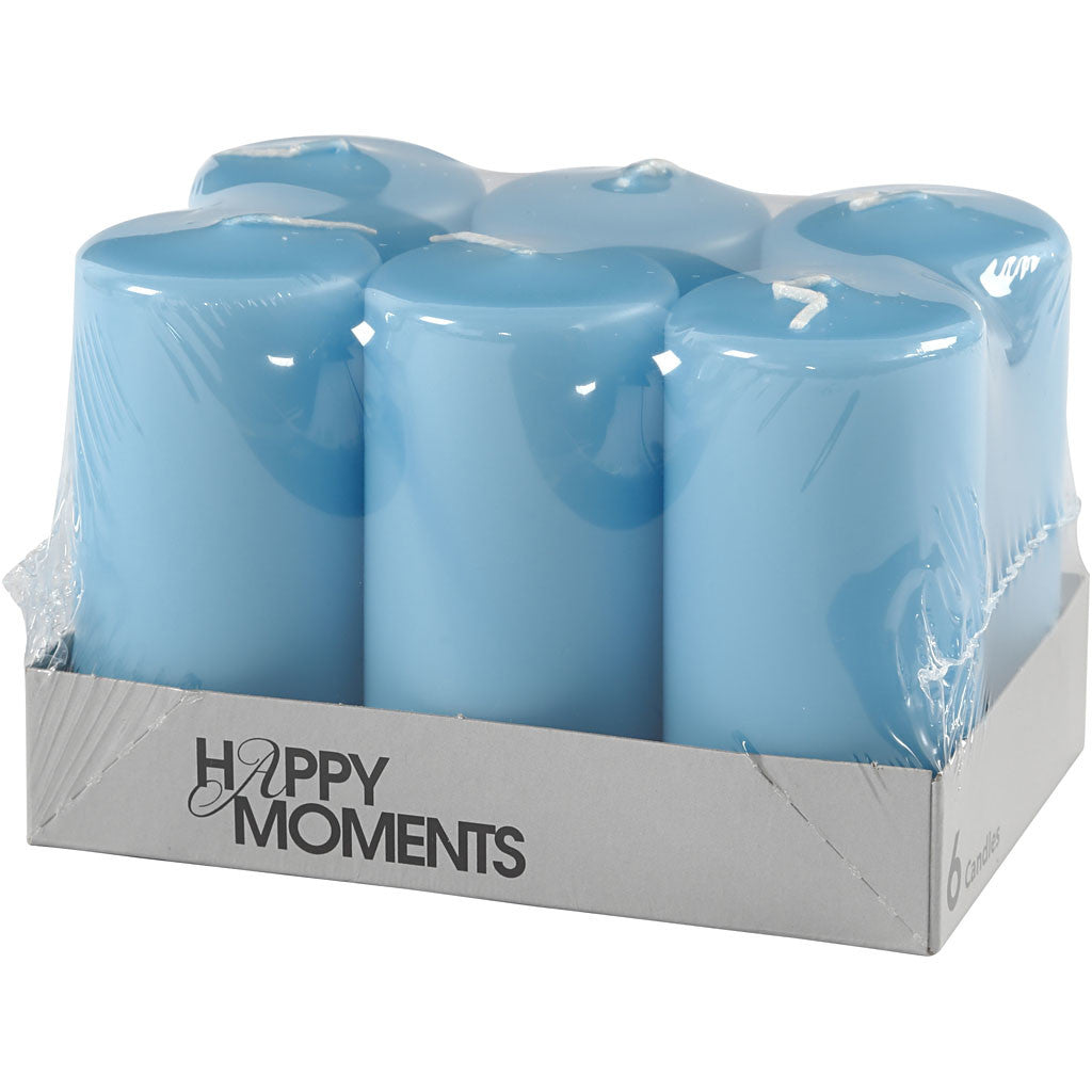 Candles, H: 100 mm, dia. 50 mm, light blue, 6 pc/ 1 pack [HOB-596116]