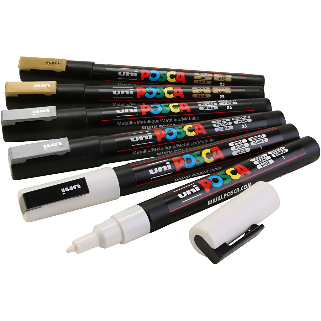 Posca Marker, gold, silver, white, no. PC-3M, line 0,9-1,3 mm, 6 asstd.