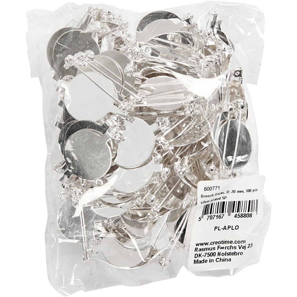Brooch Backs, dia. 20 mm, silver-plated, 100 pc/ 1 pack [HOB-600771]