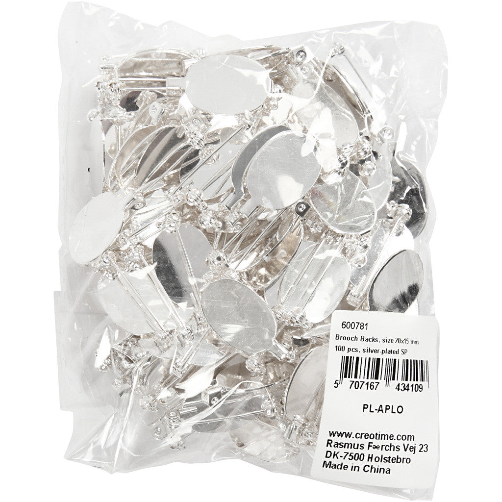 Brooch Backs, size 20x15 mm, silver-plated, 100 pc/ 1 pack [HOB-600781]