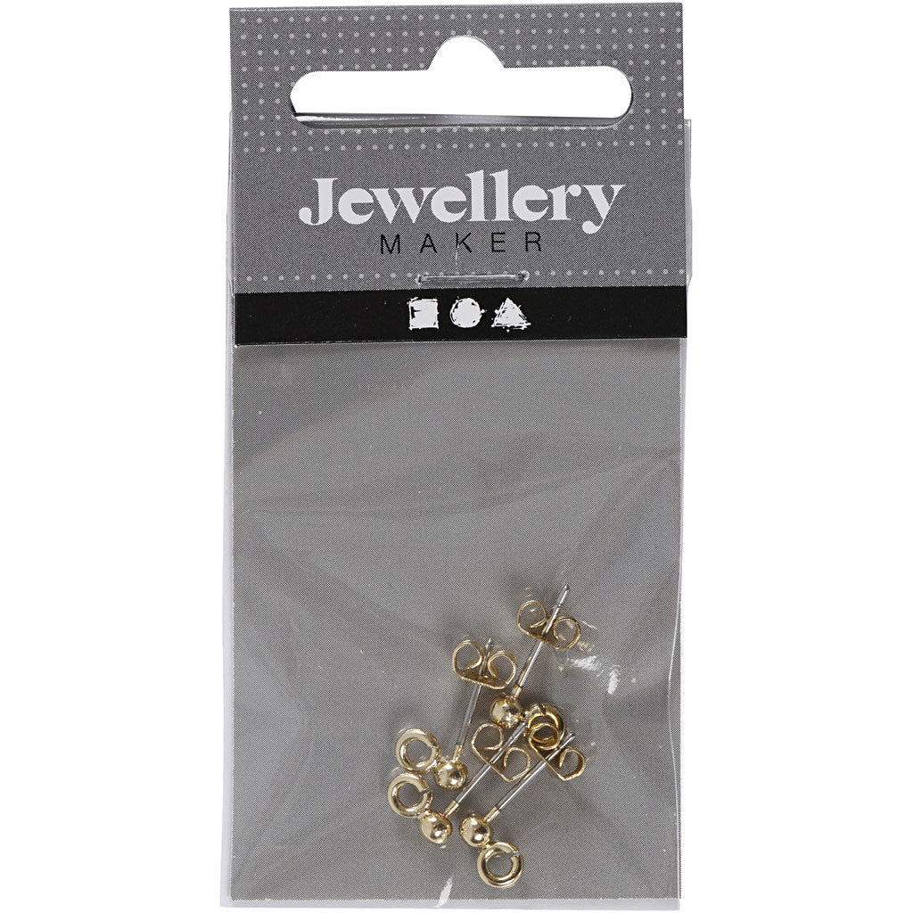 Stud Earrings, L: 13 mm, dia. 3,8 mm, hole size 0,8 mm, gold-plated, 10 pc/ 1 pack [HOB-60581]