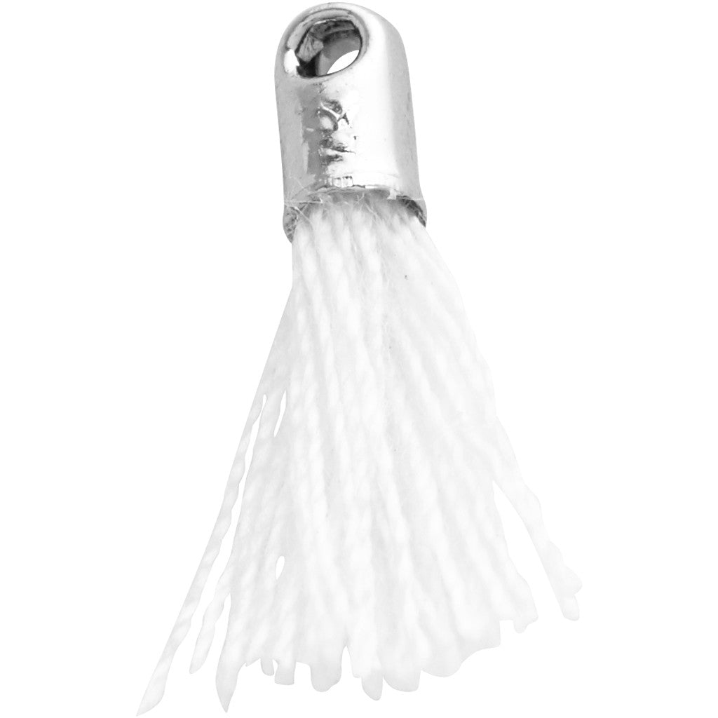 Cotton Tassel, L: 10 mm, hole size 1 mm, white, 5 pc/ 1 pack [HOB-61184]