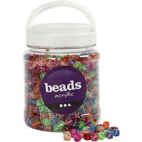 Dice Beads, size 7x7 mm, hole size 1,5 mm, ca. 1070 pc, assorted colours, 510 g, 700 ml/ 1 tub [HOB-61786]