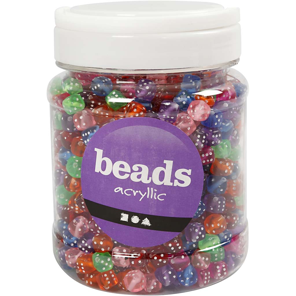 Dice Beads, size 7x7 mm, hole size 1,5 mm, ca. 1070 pc, assorted colours, 510 g, 700 ml/ 1 tub [HOB-61786]