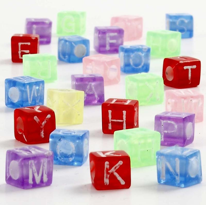 Letter Beads, size 7x7x7 mm, hole size 3 mm, ca. 1950 pc, assorted colours, 450 g, 700 ml/ 1 tub [HOB-61787]