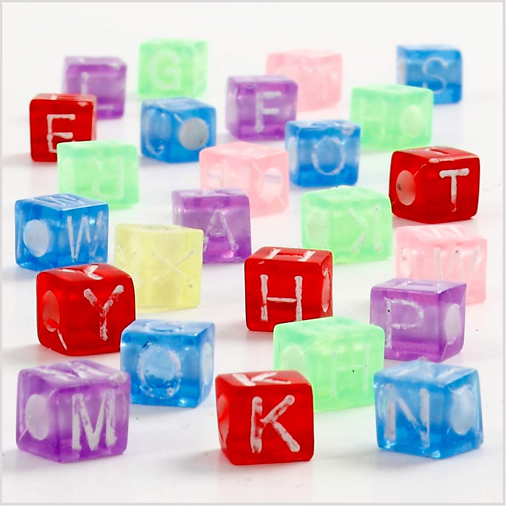 Letter Beads, size 7x7x7 mm, hole size 3 mm, ca. 1950 pc, assorted colours, 450 g, 700 ml/ 1 tub [HOB-61787]