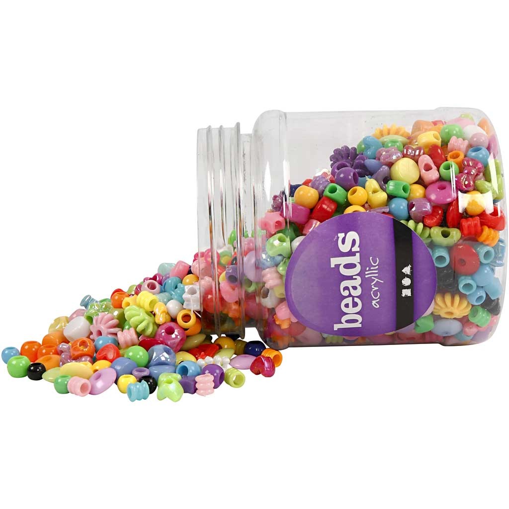 Plastic Beads, size 6-20 mm, hole size 1,5-6 mm, ca. 1175 pc, 390 g, 700 ml/ 1 tub [HOB-618050]