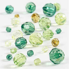 Facet Beads, size 4-12 mm, hole size 1-2,5 mm, ca. 170 pc, green glitter, 45 g/ 1 pack [HOB-618811]