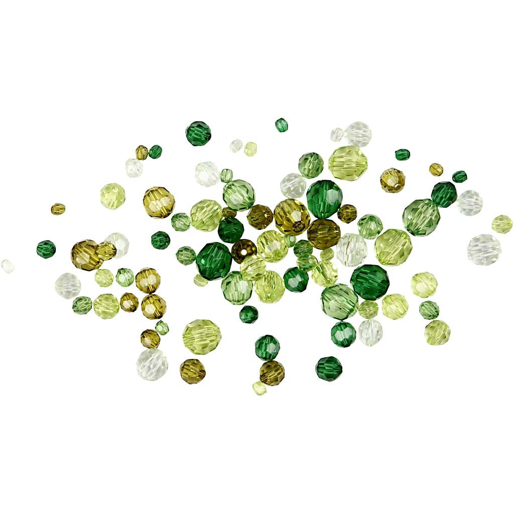 Facet Beads, size 4-12 mm, hole size 1-2,5 mm, ca. 170 pc, green glitter, 45 g/ 1 pack [HOB-618811]