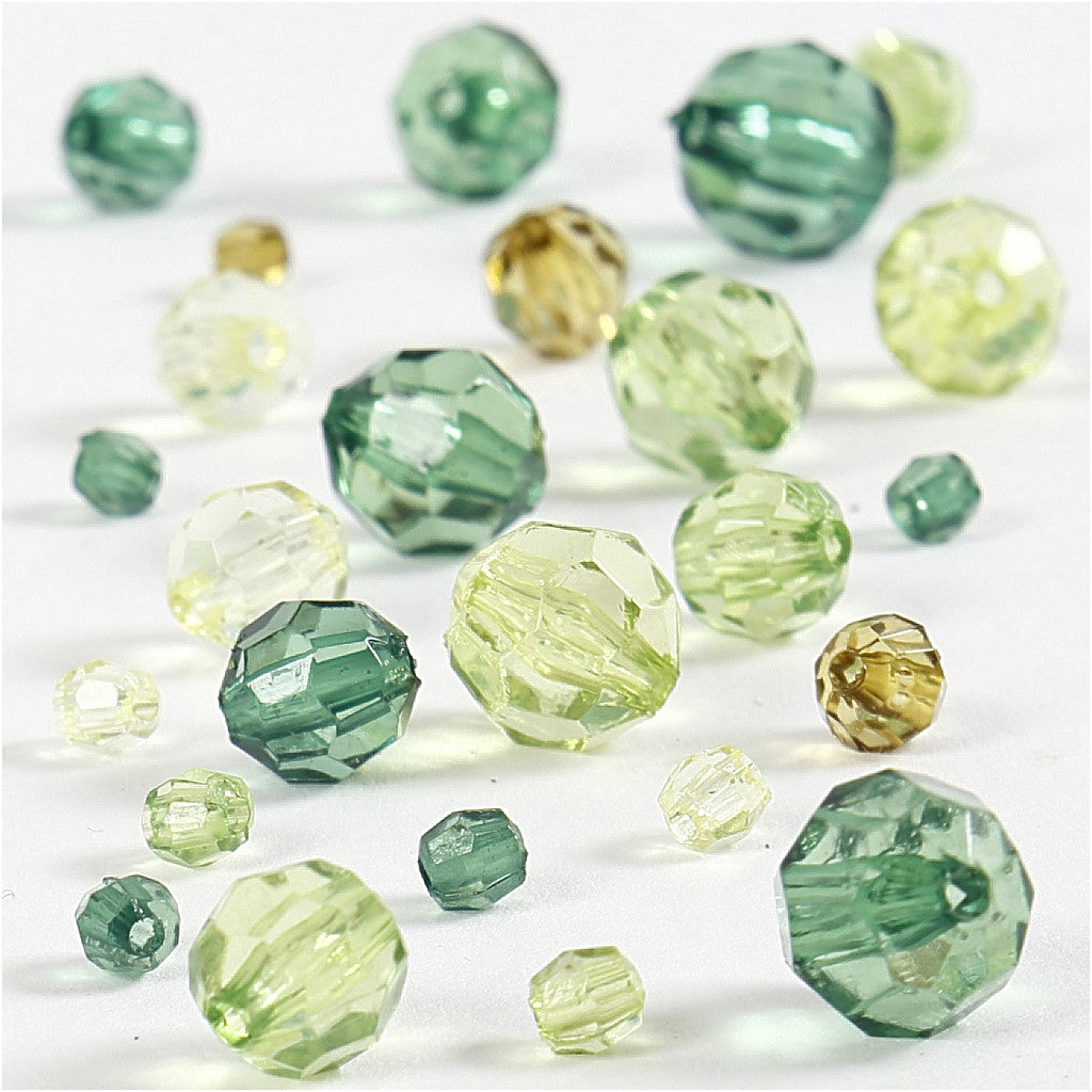 Facet Beads, size 4-12 mm, hole size 1-2,5 mm, ca. 170 pc, green glitter, 45 g/ 1 pack [HOB-618811]