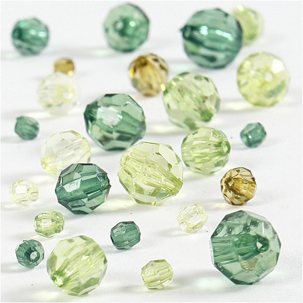 Facet Beads, size 4-12 mm, hole size 1-2,5 mm, ca. 860 pc, green glitter, 250 g/ 1 pack [HOB-61881]