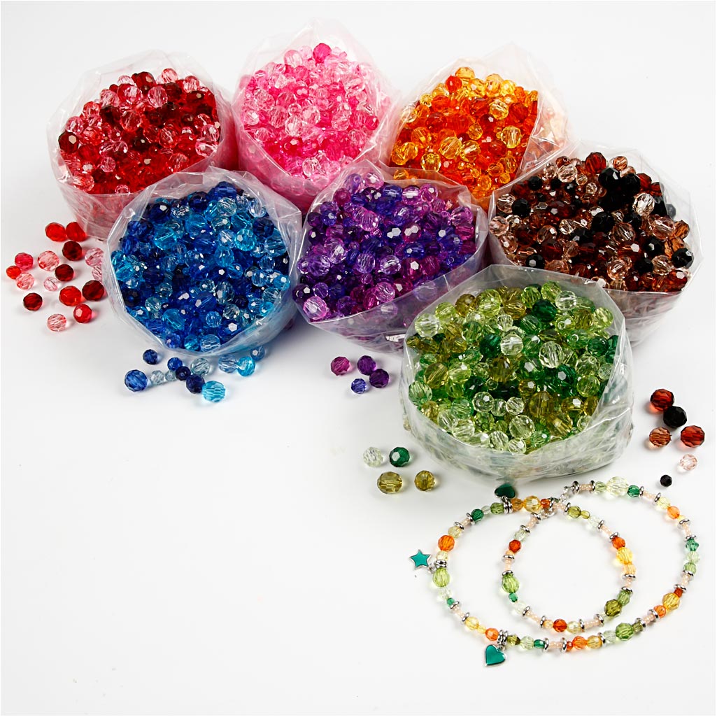 Facet Beads, dia. 4-12 mm, hole size 1-2,5 mm, assorted colours, 7x250 g/ 1 pack [HOB-61888]
