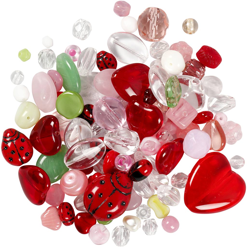 Glass beads, ladybirds, leaves, hearts, dia. 5-22 mm, hole size 0,5-1,5 mm, assorted colours, 350 g/ 1 pack [HOB-68423]