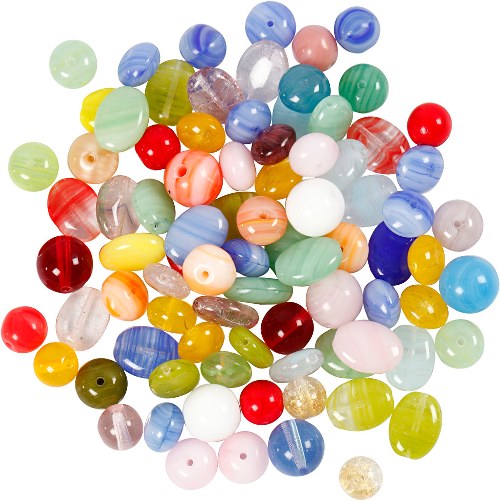 Glass beads, round, oval, circular, dia. 6-13 mm, hole size 0,5-1,5 mm, assorted colours, 60 g/ 1 pack [HOB-684250]