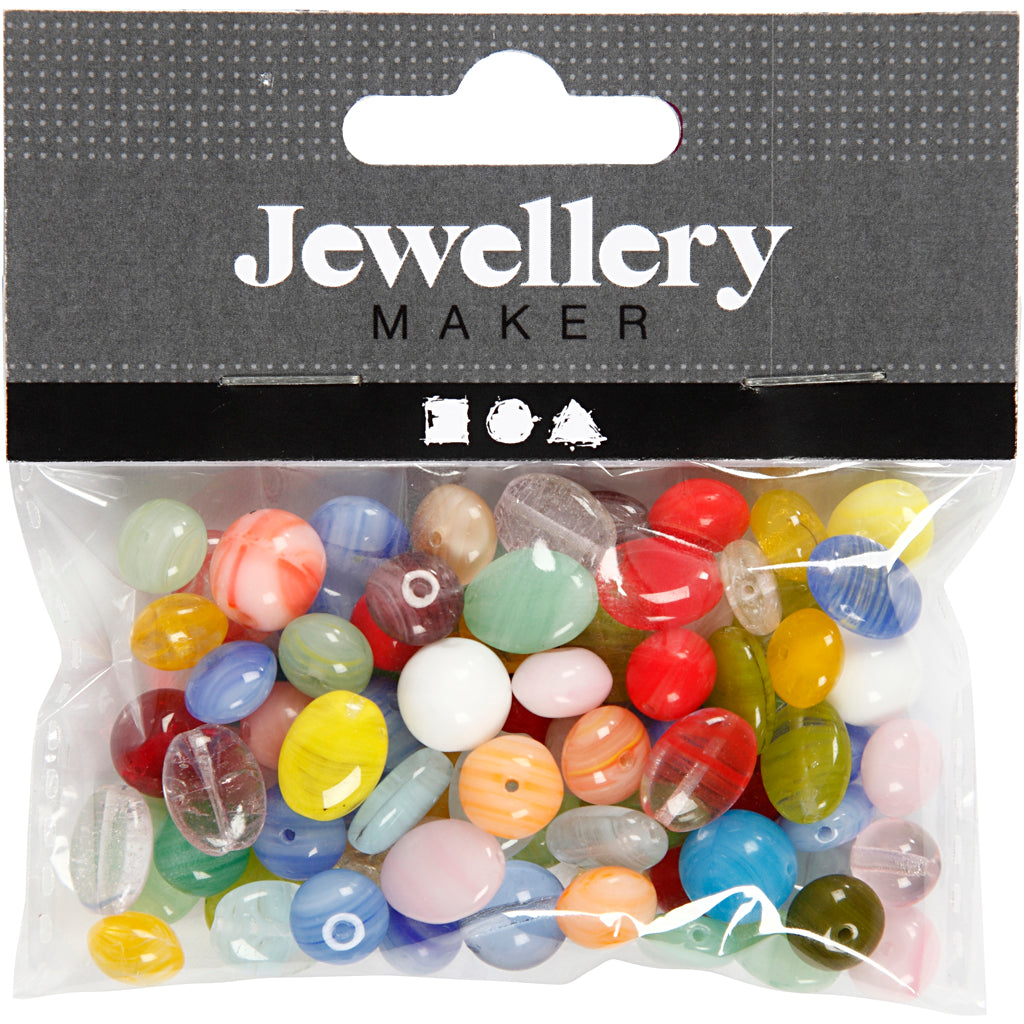 Glass beads, round, oval, circular, dia. 6-13 mm, hole size 0,5-1,5 mm, assorted colours, 60 g/ 1 pack [HOB-684250]