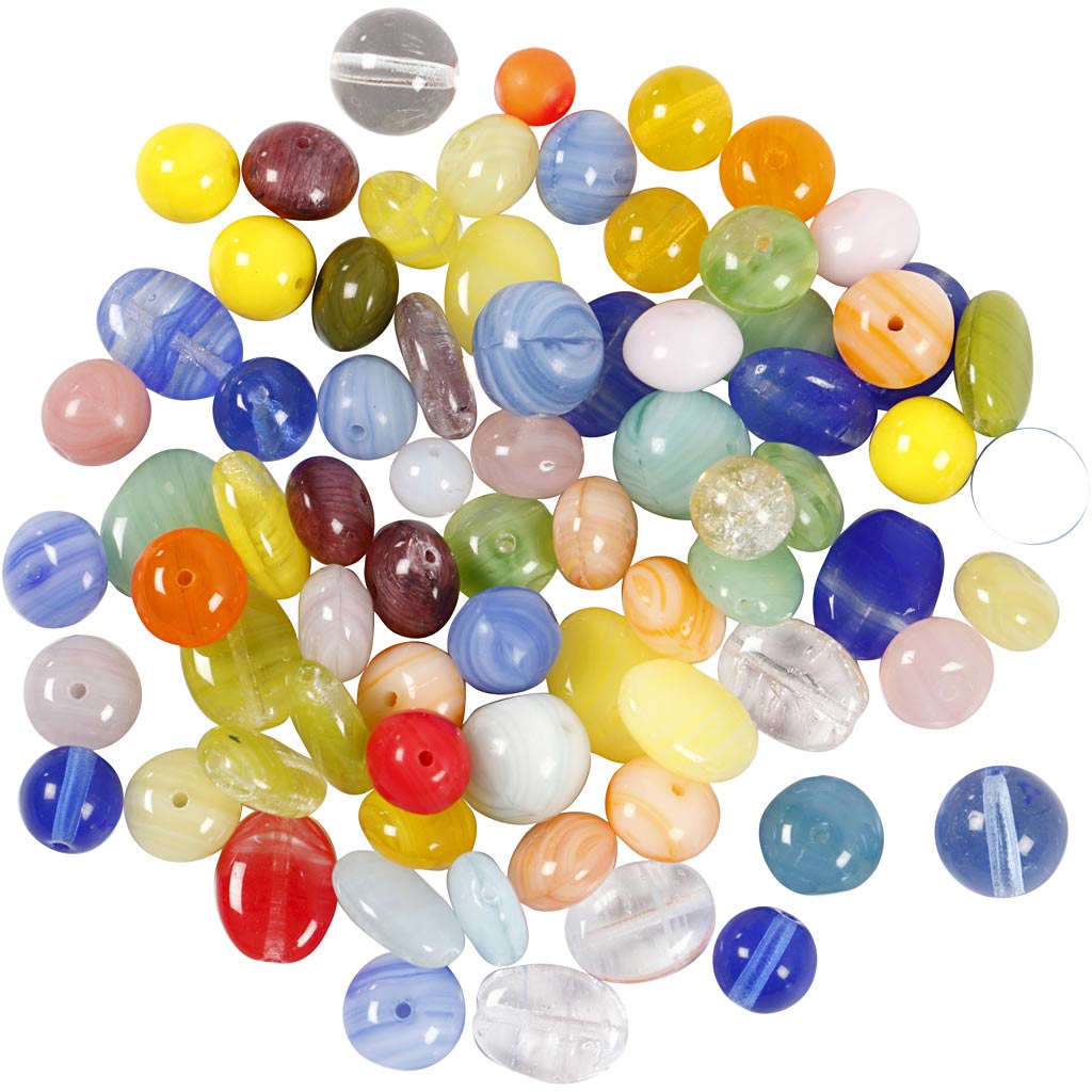 Glass beads, round, oval, circular, dia. 6-13 mm, hole size 0,5-1,5 mm, assorted colours, 350 g/ 1 pack [HOB-68425]