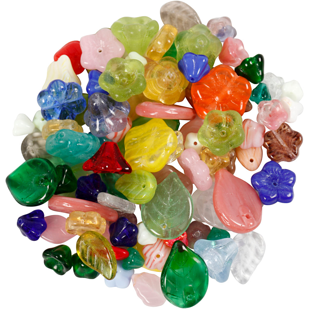 Glass beads, leaves, flowers, dia. 6-17 mm, hole size 0,5-1,5 mm, assorted colours, 60 g/ 1 pack [HOB-684260]