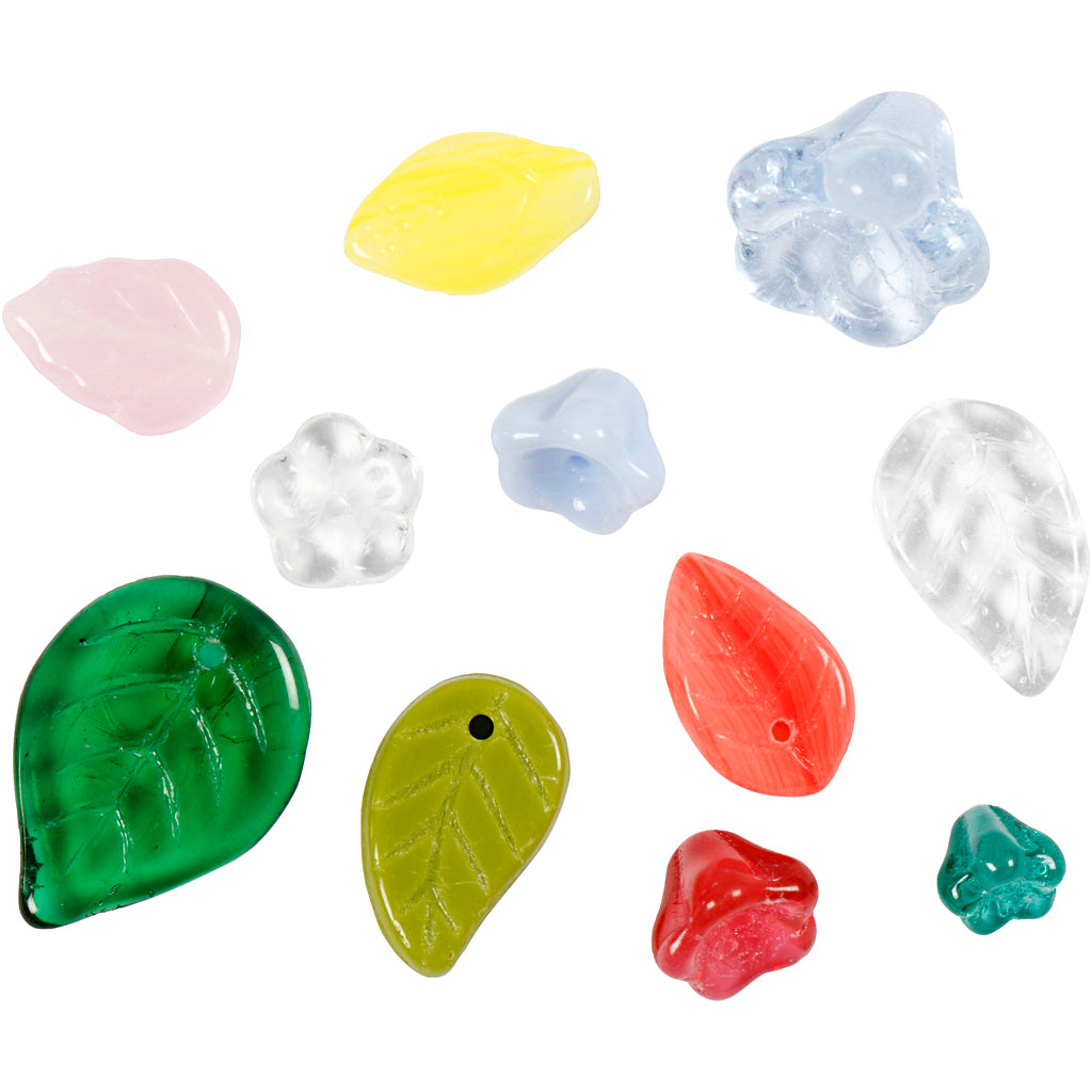 Glass beads, leaves, flowers, dia. 6-17 mm, hole size 0,5-1,5 mm, assorted colours, 60 g/ 1 pack [HOB-684260]