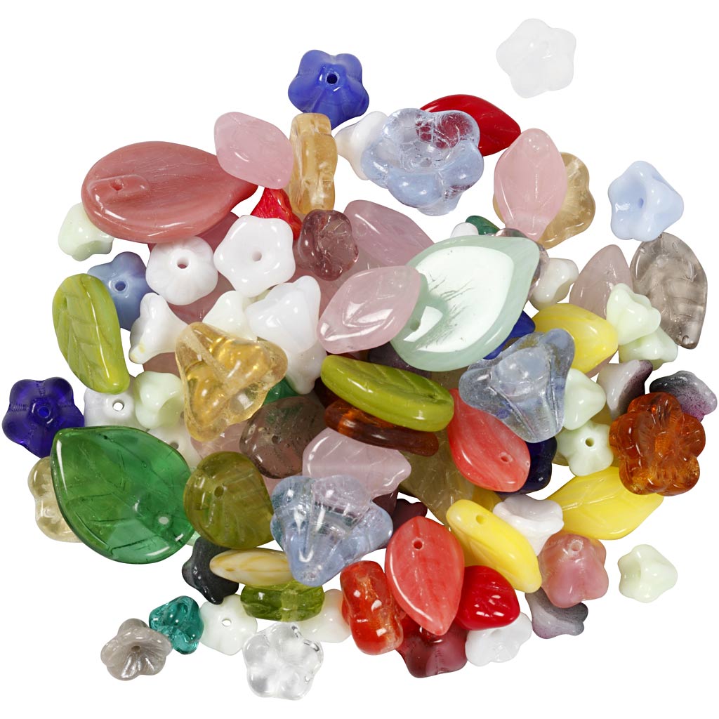 Glass beads, leaves, flowers, dia. 6-17 mm, hole size 0,5-1,5 mm, assorted colours, 350 g/ 1 pack [HOB-68426]