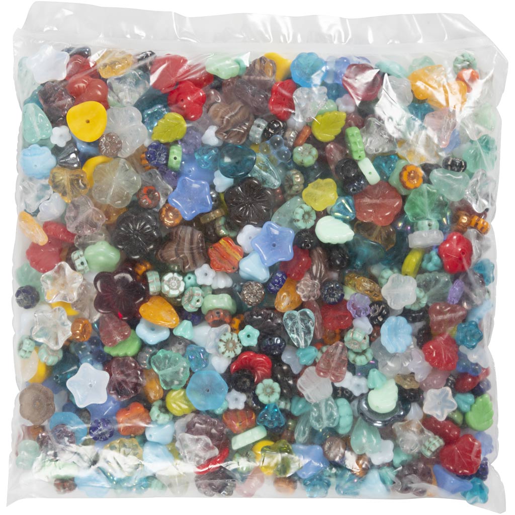 Glass beads, leaves, flowers, dia. 6-17 mm, hole size 0,5-1,5 mm, assorted colours, 350 g/ 1 pack [HOB-68426]