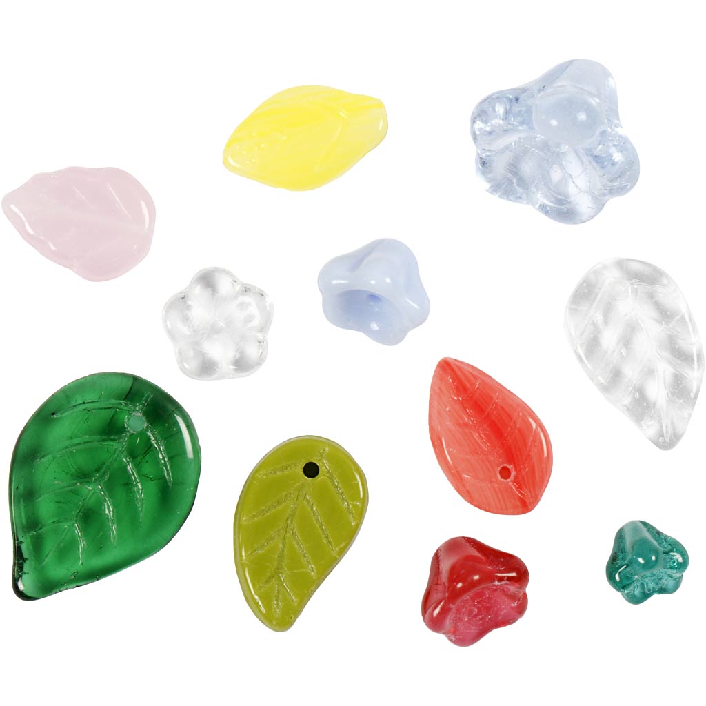 Glass beads, leaves, flowers, dia. 6-17 mm, hole size 0,5-1,5 mm, assorted colours, 350 g/ 1 pack [HOB-68426]