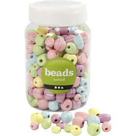 Wooden Beads, dia. 10-15 mm, hole size 3-5 mm, light blue, light green, light red, light yellow, 400 ml/ 1 bucket [HOB-684690]
